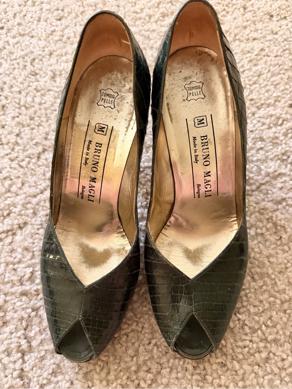 Bruno Magli Dark Green Croc-Embossed Peep-Toe Pumps